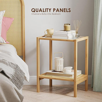 Bamworld Side Table Nature Rattan Night Stand Glass End Table 2-Tier with Storage Boho Bedside Table for Small Spaces Bamboo Coffee Table for Bedroom Living Room