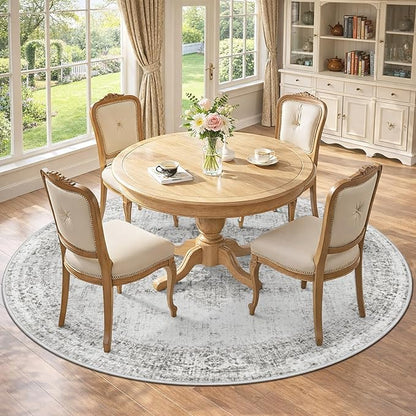 Round Rugs 6ft Washable Rug, Vintage Boho Medallion Rugs Non-Slip Soft Low Pile Circle Distressed Rug Indoor Retro Carpet for Living Room Bedroom Dining Room Home Office (Grey, 6' Round)