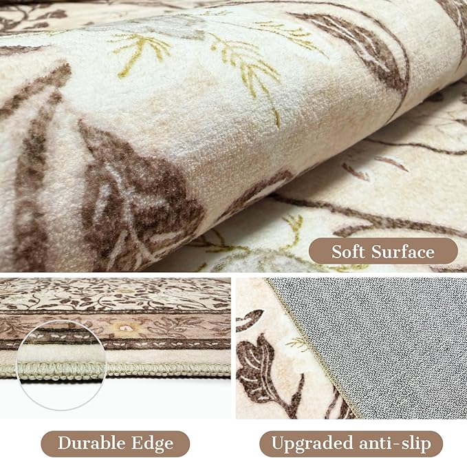 6x9 Area Rug,Floral Rugs for Living Room Bedroom,Low Pile Soft Large Carpet with Non Slip Machine Washable Boho Vintage Rug for Dining Room,Brown