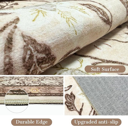 6x9 Area Rug,Floral Rugs for Living Room Bedroom,Low Pile Soft Large Carpet with Non Slip Machine Washable Boho Vintage Rug for Dining Room,Brown
