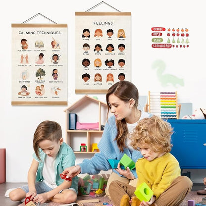 Feelings Chart & Emotional Learning Poster, Hanging Linen Canvas Wall Art with Solid Wood Frame, Montessori Social Skills Poster for Kids, Home & Classroom Decor – 2Piece Set 12x16 Inches (Feelings)