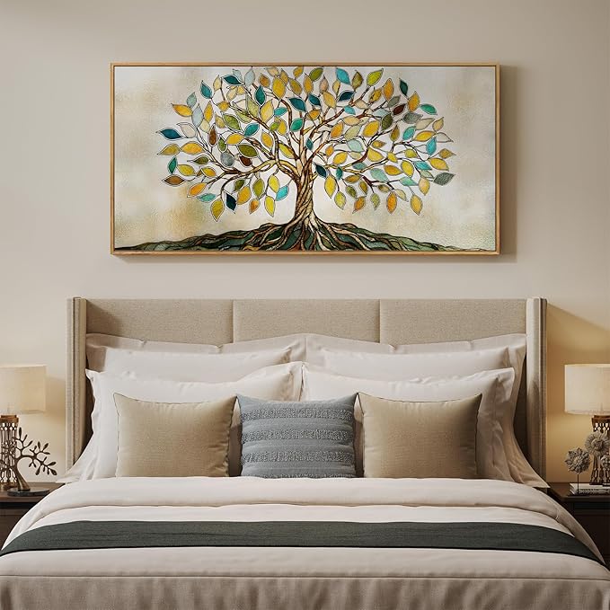 Large Framed Tree of Life Wall Art for Living Room, Modern Farmhouse Neutral Tree Canvas Painting Prints Artwork for Walls, Rustic Retro Picture for Bedroom Kitchen Office Hallway Wall Decor, 30x60