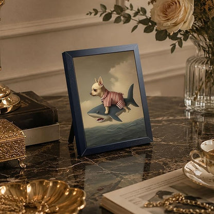 Funny Chihuahua Riding Shark Wall Art, Framed Dog Bathroom Canvas Print, Abstract Animal Wall Decor, Whimsical Humor Art Oil Painting for Bathroom Bedroom Living Room Home Decor 8x10 Inch