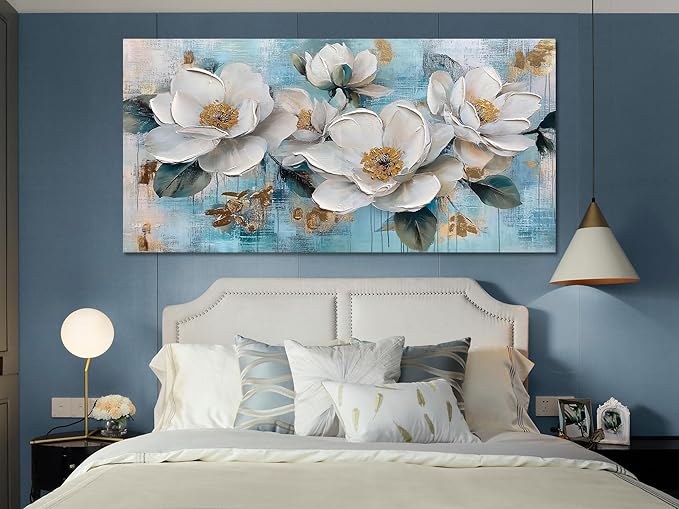 Ardemy Flower Wall Art for Living Room White Floral Canvas Art Wall Decor, Magnolia Teal Picture Textured Extra Large Painting Turquoise Framed Artwork Bedroom Dining Room Kitchen Home Office 58"x29"