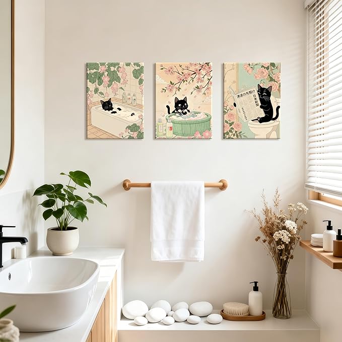 WENGTIAO Japanese Bathroom Wall Art Set of 3 Funny Black Cat Wall Paintings Cute Japan Cat Prints Pictures Animal on Toilet Photo Home Decor for Bathroom Restroom Laundry Room 12”x16”x3