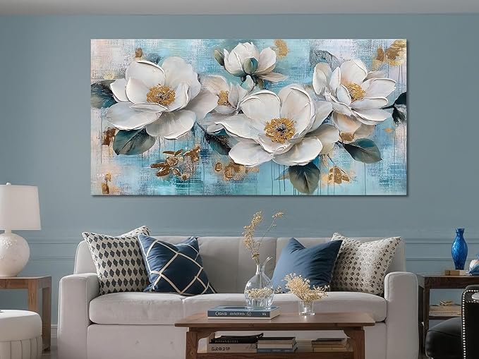 Ardemy Flower Wall Art for Living Room White Floral Canvas Art Wall Decor, Magnolia Teal Picture Textured Extra Large Painting Turquoise Framed Artwork Bedroom Dining Room Kitchen Home Office 58"x29"