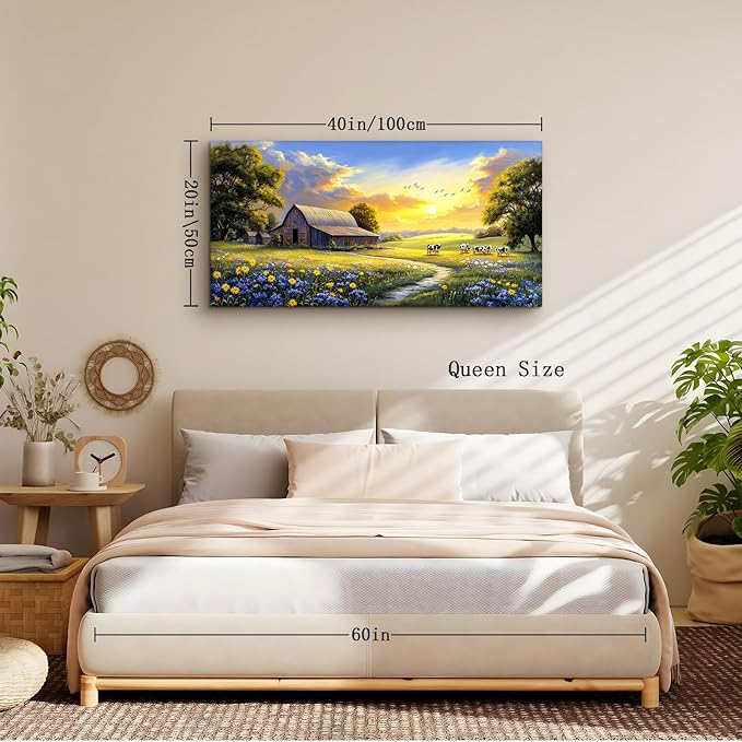 crmotu Rustic Farmhouse Wall Art, Nature Pastoral Landscape Large Artwork, Dairy Cow Farm Sunset Canvas Painting, Meadow Wildflower Pictures Wall Decor Living Room Kitchen Bathroom Art Prints 20X40 In