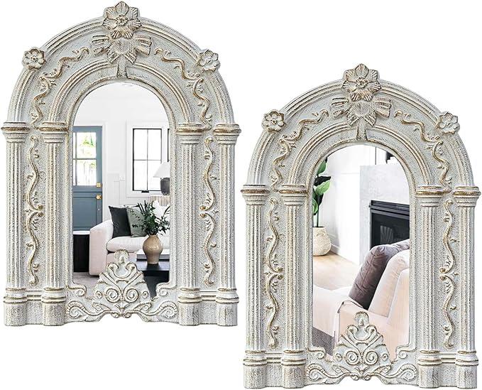 2 Set Wood Carved Window Mirrors 3D Relief Arched Wall Decor Roman Column Antique Home Accent Small Decorative Mirrors for Living Room, Bathroom, Entryway