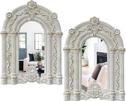 2 Set Wood Carved Window Mirrors 3D Relief Arched Wall Decor Roman Column Antique Home Accent Small Decorative Mirrors for Living Room, Bathroom, Entryway