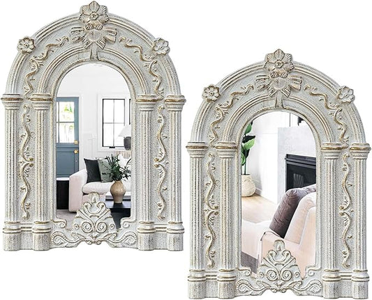 2 Set Wood Carved Window Mirrors 3D Relief Arched Wall Decor Roman Column Antique Home Accent Small Decorative Mirrors for Living Room, Bathroom, Entryway