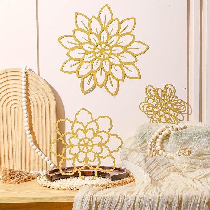 Moxweyeni 3 Pieces Metal Flowers Wall Decoration, Metal Rustic Wall Art Farmhouse Multiple Floral Hanging Decoration for Bathroom Living Room Kitchen Garden Office(Gold)