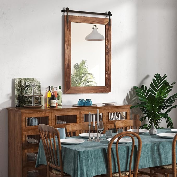 COGOOD Bathroom Mirrors for Over Sink - 42" x 29" Farmhouse Barn Door Mirror for Living Room, Entryway, Bedroom, Vanity Wall Decor Brown