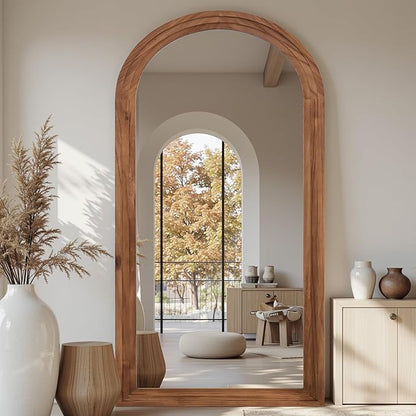 Full Length Mirror, 81"x41" Wooden Mirror Full Length with Stand Wood Floor Mirror, Oversized Stand Up Mirrors Large Wall Mirrors, Wall Mounted Mirrors, Arched Wood Style, Brown