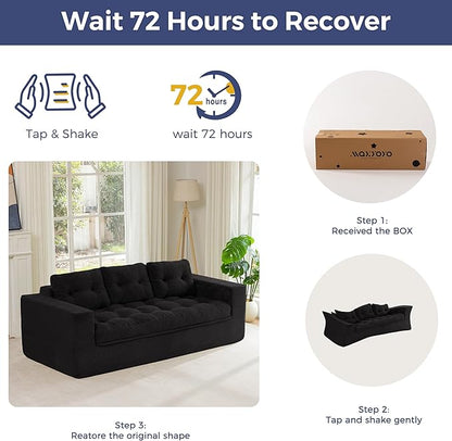 MAXYOYO 79" Loveseat Sofa Couch for Small Spaces, Upholstered Boneless Cloud Couch for Apartment Bedroom, 3-Seater Love Seat Floor Modern Sofa with Pillows, No Assembly Required, Black