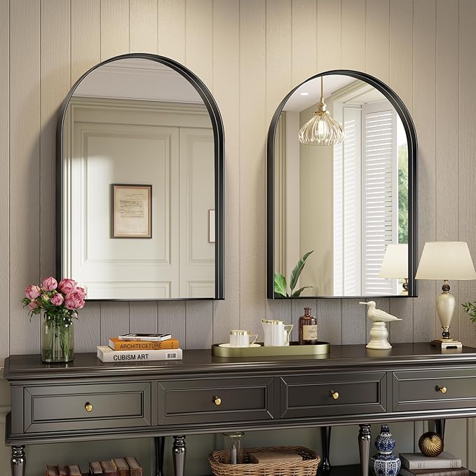 Arched Bathroom Mirrors Set of 2, 22x36 Black Rust-Resistant Metal Frame Vanity Mirror, HD Shatter-Resistant Wall Mirror for Over Sink, Modern Bathroom Mirror for Bedroom, Entryway, Living Room