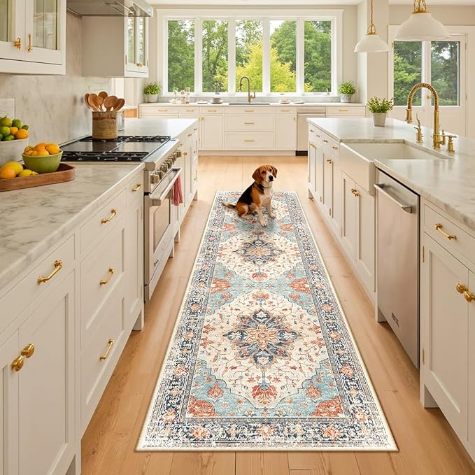 RELEANY Area Rugs 2'6"x8' Runner Rug Non Slip Washable for Kitchen Hallway Bedroom Beside Laundry Room Bathroom Rug, Floor Carpet, Beige Navy Blue Orange Colorful