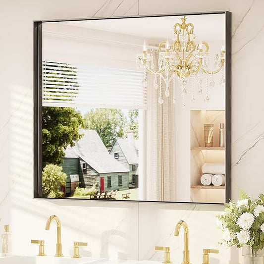 TETOTE Black Mirror for Bathroom 42" x 36" Matte Black Frame Bathroom Vanity Mirror for Over Sink, Tempered Glass, Modern Farmhouse Rectangle Wall Mirrors for Living Room, Bedroom, Entryway