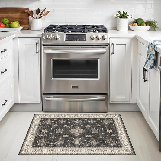 2x3 Washable Non-Slip Area Rug - Soft Low Pile Throw Rug for Kitchen Entryway Bedroom - Vintage Floral Distressed Indoor Door Mat with Rubber Backing (Charcoal Grey)