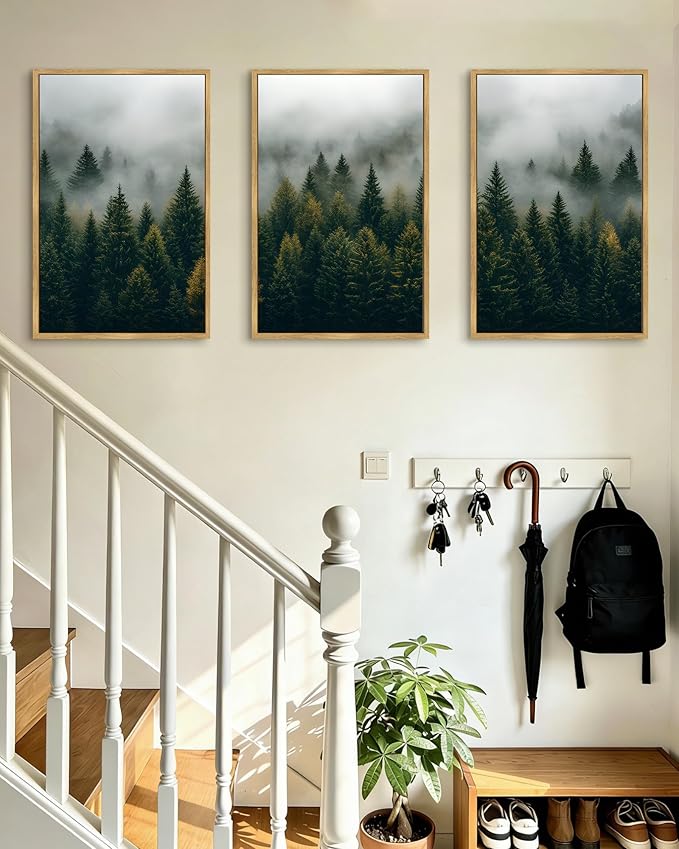 Drsoum Fog Pine Tree Landscape Wall Art Framed Nature Misty Nordic Forests Prints Morden Farmhouse Rustic Artwork Hallway Bathroom Ready to Hang 16x24in Natural Framed