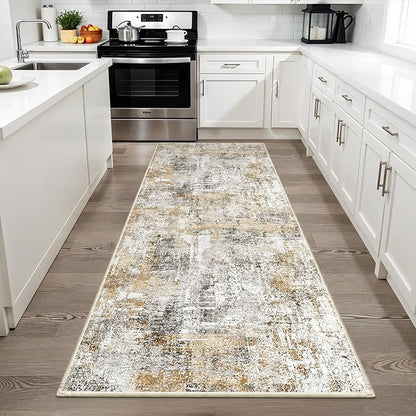 3x6 Washable Non-Slip Kitchen Runner Rug – Modern Abstract Wide Floor Carpet Runner with Rubber Backing for Entryway, Hallway, Bathroom, Living Room, Low Pile Thin (Gold Grey)