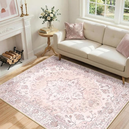 RELEANY Area Rugs 4'x6' Washable Non-Slip, Floral Vintage Distress Print Pattern Medallion Carpet for Living Room Bedroom Dining Room, Pink Greypink Cute