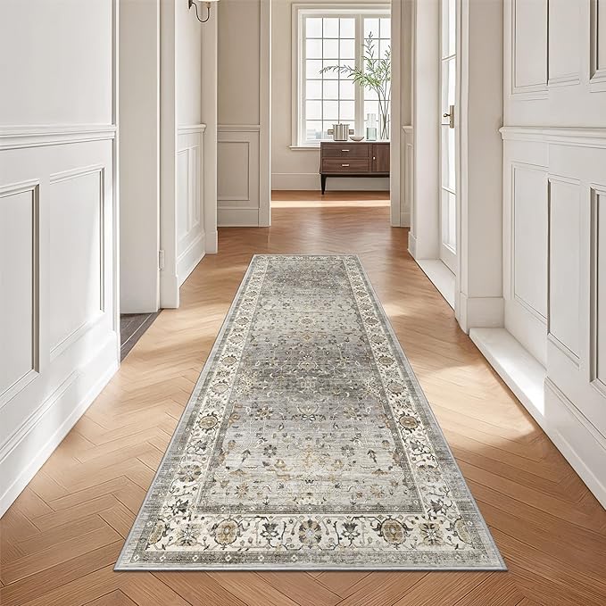 2x6 Washable Hallway Runner Rug - Kitchen Rugs with Non Slip Backing Vintage Soft Farmhouse Entryway Mat for Living Room Laundry Bedroom, Bathroom Ivory/Grey