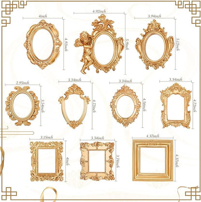 Yulejo 10 Pcs Vintage Gold Mini Frames Set, Baroque Victorian Ornate Decorative Frames for Gallery Wall Decor, DIY Jewelry Display, Antique Frame for Home, Wedding, Room, No Glass or Backing (Gold)