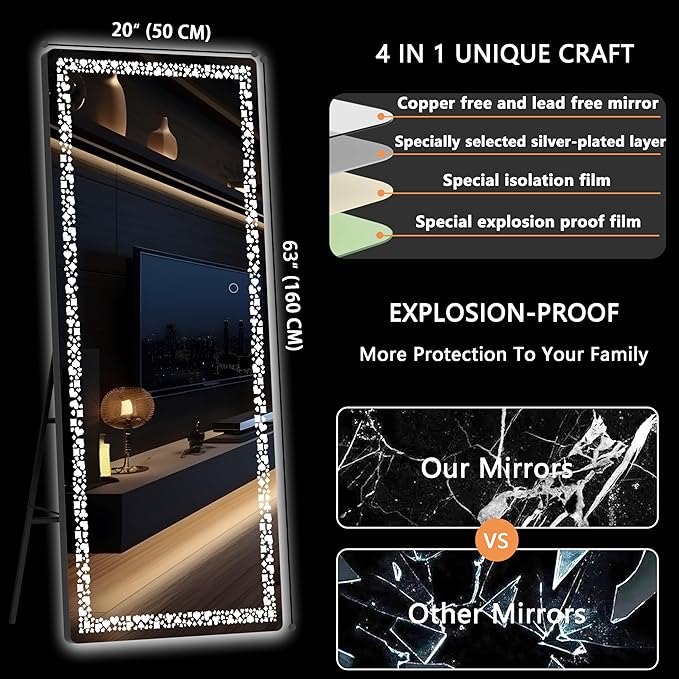 Hasipu 64” x 20" Full Length Mirror with LED Lights, Full Body Mirror for Vanity, Dressing Room, LED Free Standing Floor Mirror, Wall Mounted Mirror Dimming & 3 Color Modes
