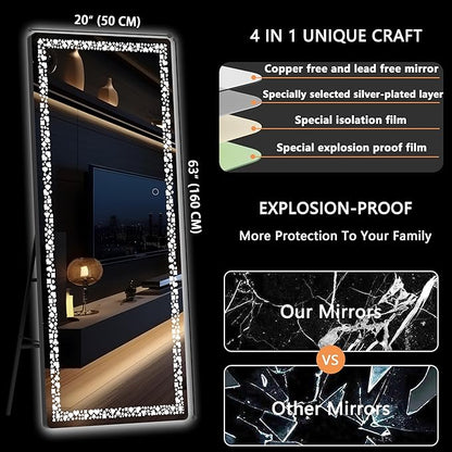 Hasipu 64” x 20" Full Length Mirror with LED Lights, Full Body Mirror for Vanity, Dressing Room, LED Free Standing Floor Mirror, Wall Mounted Mirror Dimming & 3 Color Modes