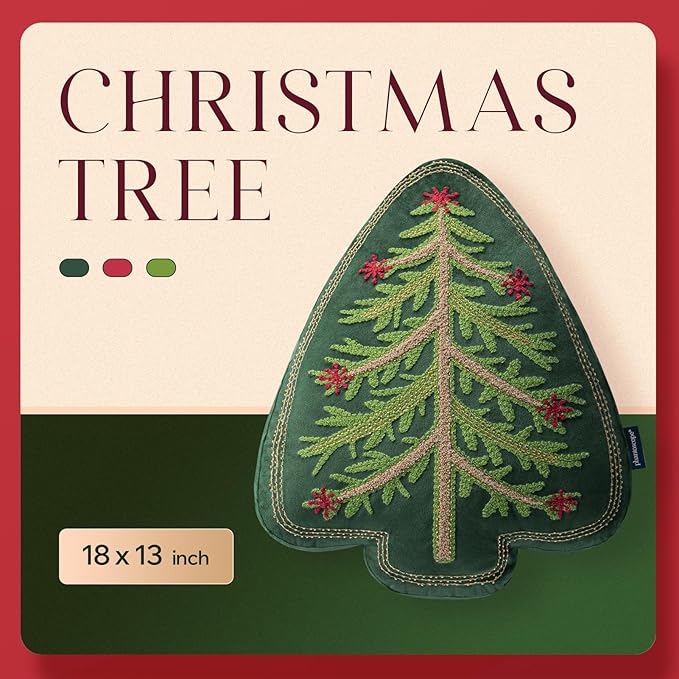 Phantoscope Merry Christmas Tree Decorative Throw Pillow, Velvet Beads Embroidery 3D Shaped Cushion, Green, 18 x 14 in