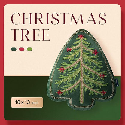 Phantoscope Merry Christmas Tree Decorative Throw Pillow, Velvet Beads Embroidery 3D Shaped Cushion, Green, 18 x 14 in