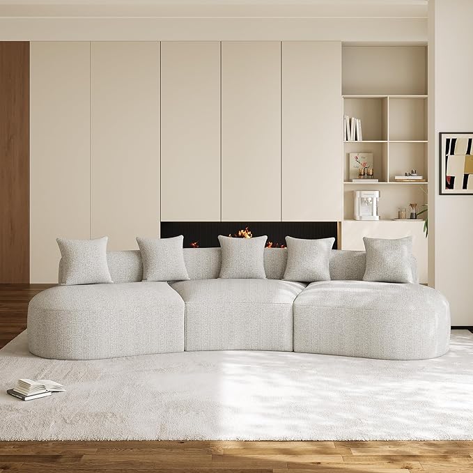 134" Oversized Sectional Sofa for Living Room, Modern Luxury Plush Chenille 4-Seater Extra Deep & Wide Seat Curved Cloud Couch with 5 Throw Pillows, No Assembly Needed, Light Grey