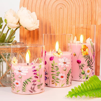 Eywamage Pink Floral Glass Flameless Candles with Remote, Flickering Spring LED Pillar Candles Battery Operated Home Decor Set of 3