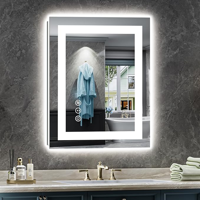 Briivue 20x28 Inch LED Bathroom Mirror with Lights, Backlit & Front Lit, Anti-Fog Lighted Bathroom Vanity Mirror for Wall, Memory Function, Dimmable, HD Tempered Glass, Shatter-Proof