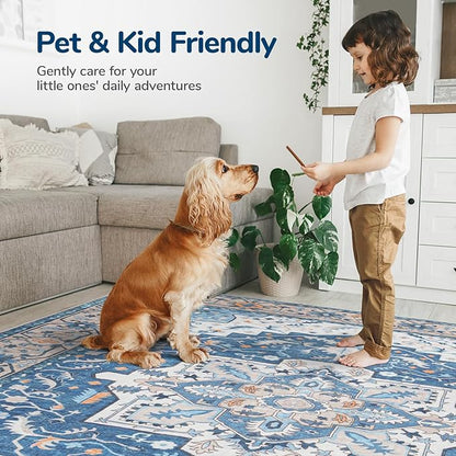 Lessymo 8 x 10 Area Rugs for Living Room- Machine Washable Area Rugs Boho Faux Wool Low Pile Area Rug for Bedroom Floral Medallion Vintage Rugs with Non-Slip Rubber, Kid & Pet Friendly, Blue Brown