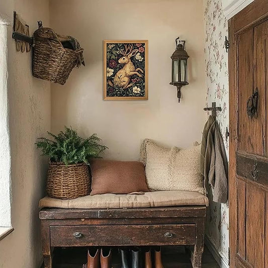 Framed Vintage Jackalope Wall Art, William Morris Dark Botanical Cottagecore Decor, Mythical Folklore Nature Illustration, Hand Drawn Sandstone Art for Living Room Bedroom 12x16 inch