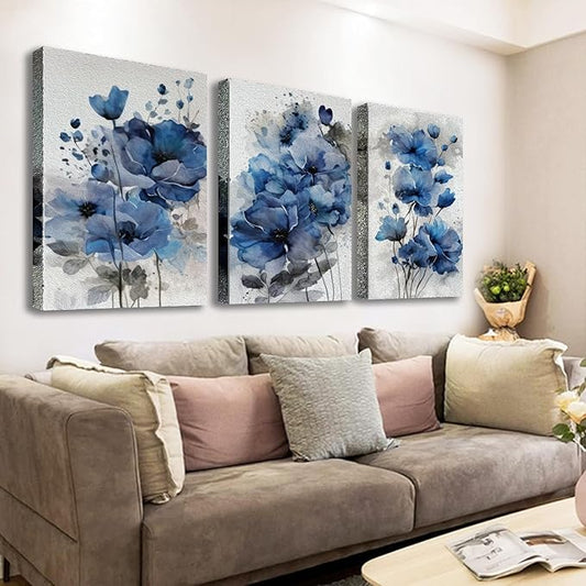 Blue Flowers Canvas Wall Art for Bedroom Home Decor - Artwork for Wall, Abstract Floral Wall Decor Print -Bathroom, Living Room, Kitchen Decor - Ready to Hang 3 Patchwork, 12x16inchx3pcs