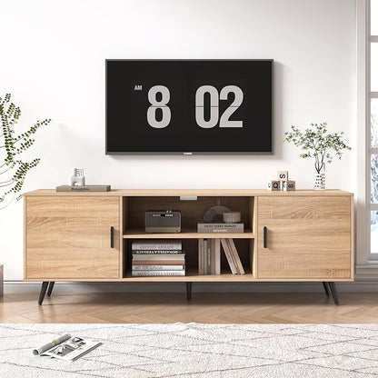 Mid Century Modern TV Stand - 70" for 75" TV, Wood with Storage, Entertainment Center for Living Room & Bedroom, Media Console, Oak