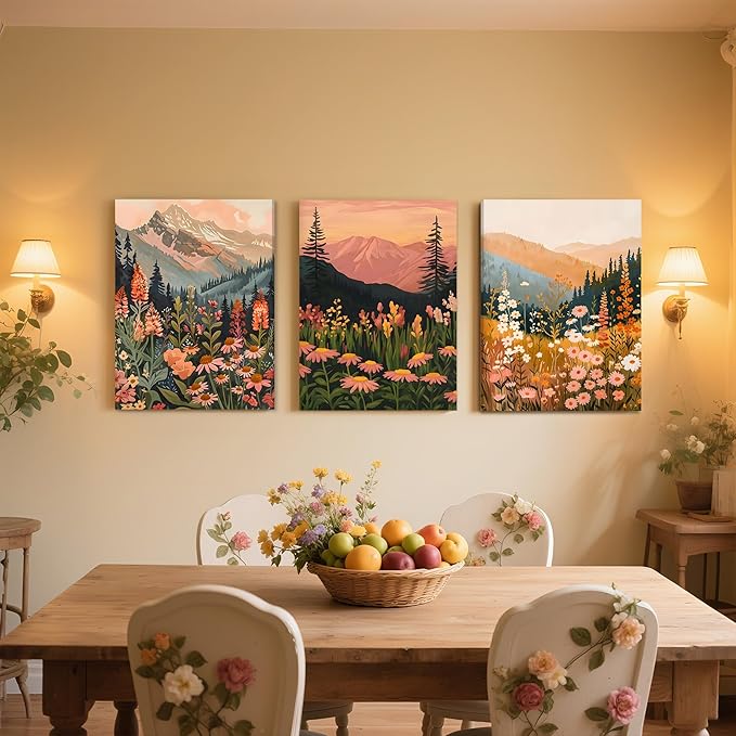 ICHZUMW Boho Mountain Wall Decor, Colorful Nature Abstract Landscapes Wildflower Canvas Wall Art, Daisy Painting Artwork for Living Room Bedroom Office, Wrapped Canvas, Ready to Hang, 16x24in 3Pcs