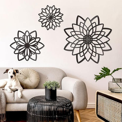 Zzbakress 3 Pcs Metal Flowers Wall Decor Black Wall Decor Metal Flower Art Farmhouse Wall Art Multiple Flowers Hanging Decor for Bathroom Living Room Kitchen Garden Office (Black Concise)