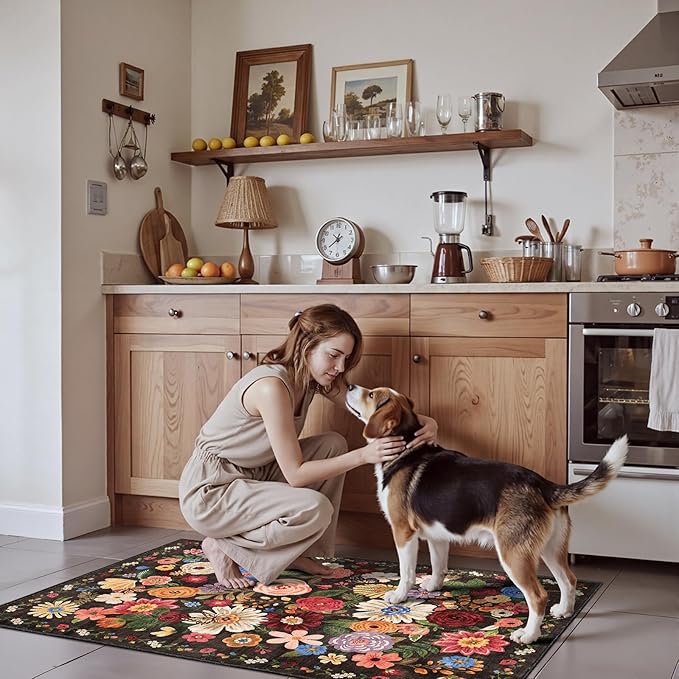 Floral Machine Washable Rug Black/Brown, 3x5 Non Slip Soft Bedroom Rug for Entryway Dorm, Ultra-Thin Stain Resistant