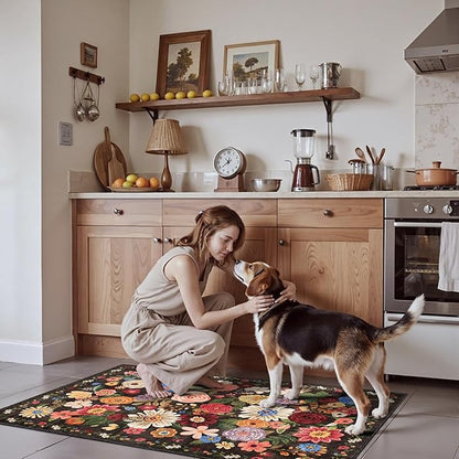 Floral Machine Washable Rug Black/Brown, 3x5 Non Slip Soft Bedroom Rug for Entryway Dorm, Ultra-Thin Stain Resistant