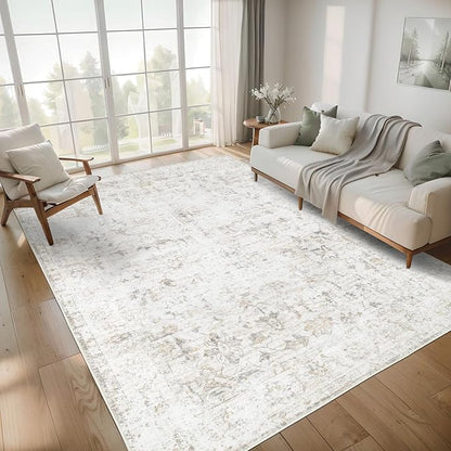 Washable 4×6 Area Rug for Living Room, Vintage Floral Rug Soft Non Slip Stain Resistant Boho Carpet for Indoor Bedroom Dinning Room Home Office Beige New