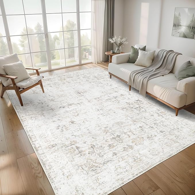 Washable 5×7 Area Rug for Living Room, Vintage Floral Rug Soft Non Slip Stain Resistant Boho Carpet for Bedroom Dinning Room Home Office Beige New