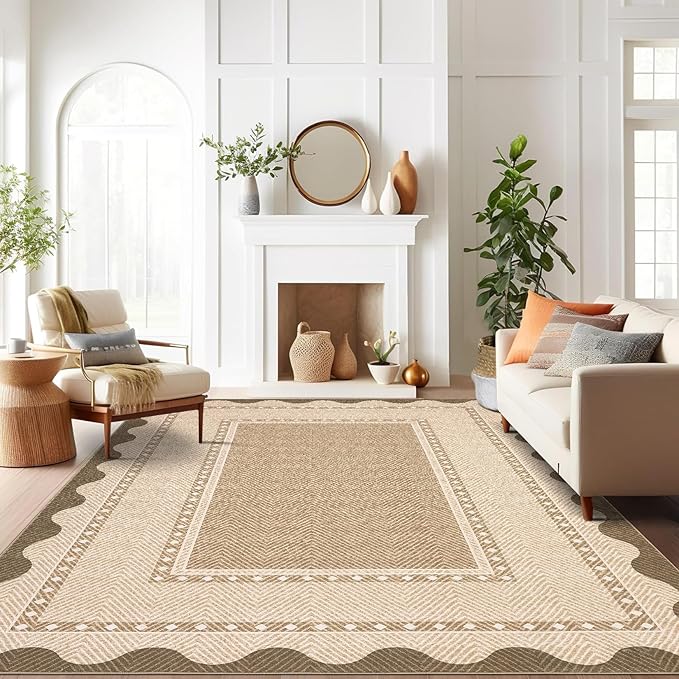 GarveeHome Modern Neutral 9x12 Area Rug Large Washable Rugs for Living Room, Low Pile Non Slip Stain-Resistant Soft Carpet, Contemporary Border Pattern Floor Mats for Home Decor, Linen Color