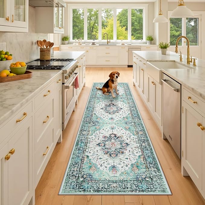 RELEANY Area Rugs 2'6"x8' Runner Rug Non Slip Washable for Kitchen Hallway Bedroom Beside Laundry Room Bathroom Rug, Floor Carpet, Green Navy Blue White Red Teal Colorful