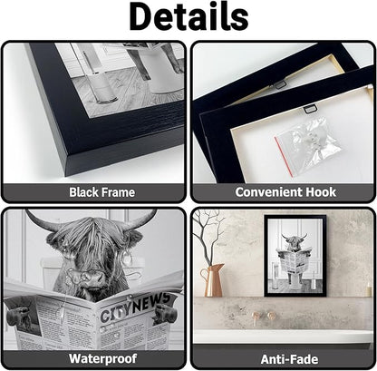 Black Framed Bathroom Decor - Funny Highland Cow Wall Art in Bathtub, Black and White Canvas Cow In Bathroom Picture, Humor Animals Bathroom Artwork Prints, Wall Decor Ready To Hang for Living Room,