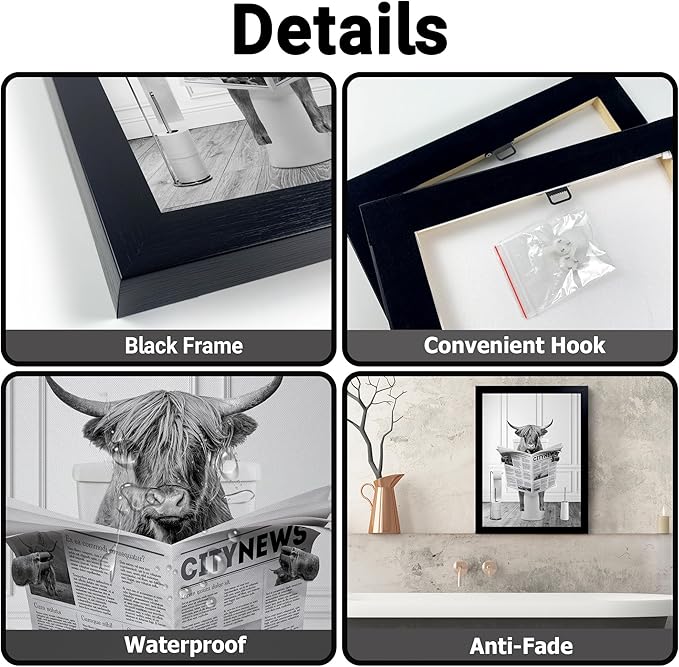 Funny Highland Cow Wall Art, Black Framed, Humor Animals Bathroom Artwork, Kids Bedroom Decor