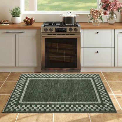Small Area Rug 2x3 Modern Checkered Entry Rug Solid Color Scalloped Kitchen Rugs Washable Bedroom Doormat Non Slip Stain Resistant Bordered Throw Carpet for Living Room Nursery Laundry, Green