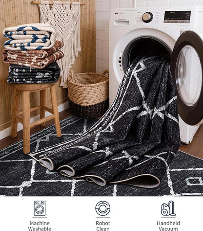 YIHOUSE Moroccan Rugs for Living Room, 8x10 Black and White Aztec Area Rug, Western Geometric Soft Low-Pile Washable Rugs for Bedroom, Dining Room
